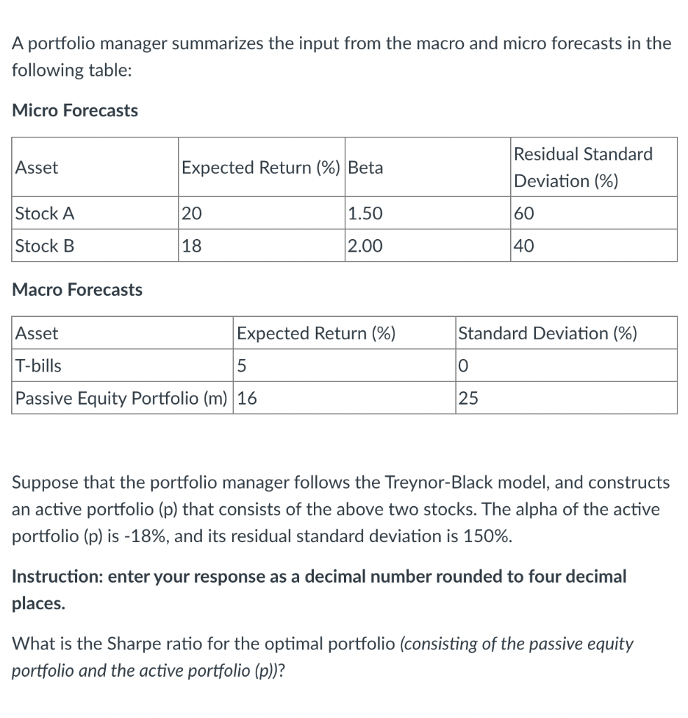 Solved A Portfolio Manager Summarizes The Input From The | Chegg.com