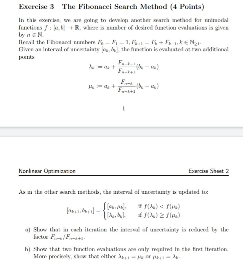 Exercise 3 The Fibonacci Search Method (4 Points) In | Chegg.com