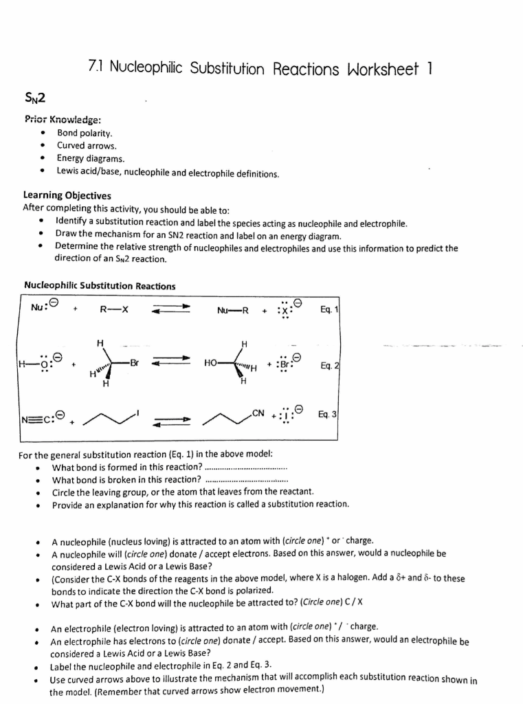 Solved 7.1 Nucleophilic Substitution Reactions Worksheet 1 | Chegg.com