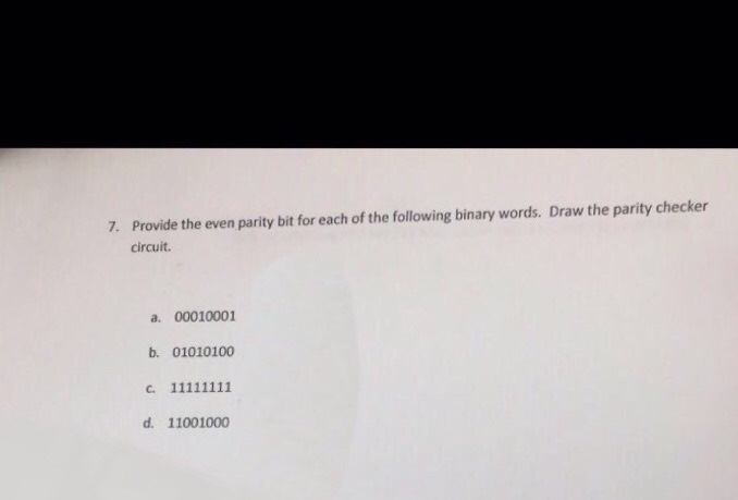 Solved 7. Provide the even parity bit for each of the | Chegg.com