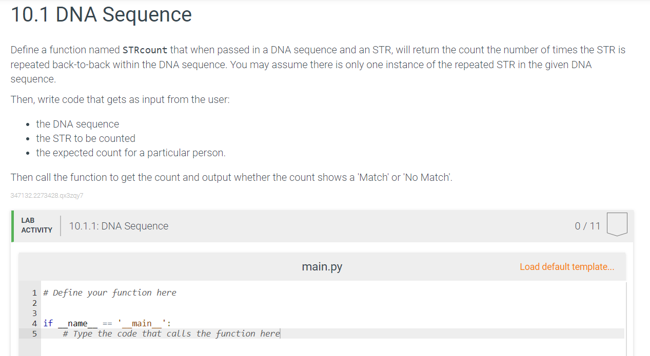 Solved 10.1 DNA Sequence Define a function named STRcount | Chegg.com