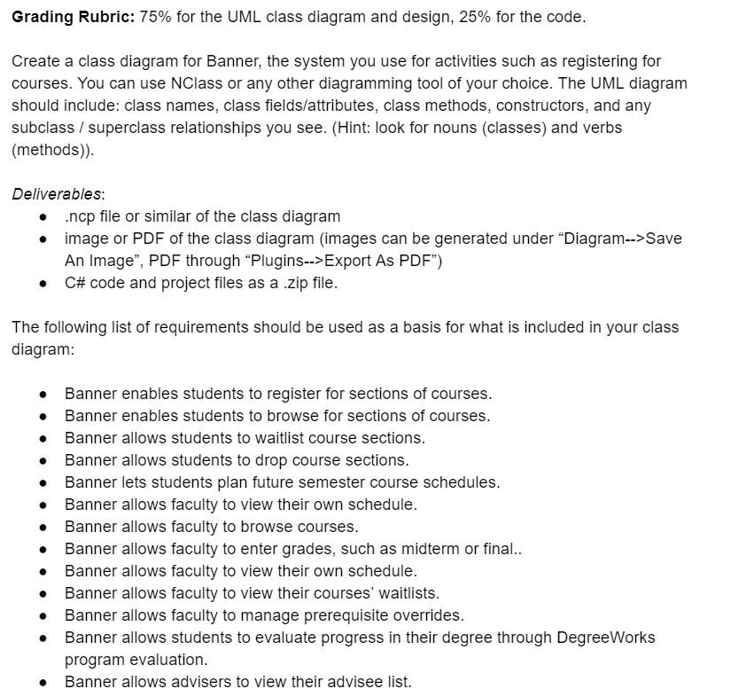 Solved Grading Rubric: 75% for the UML class diagram and | Chegg.com