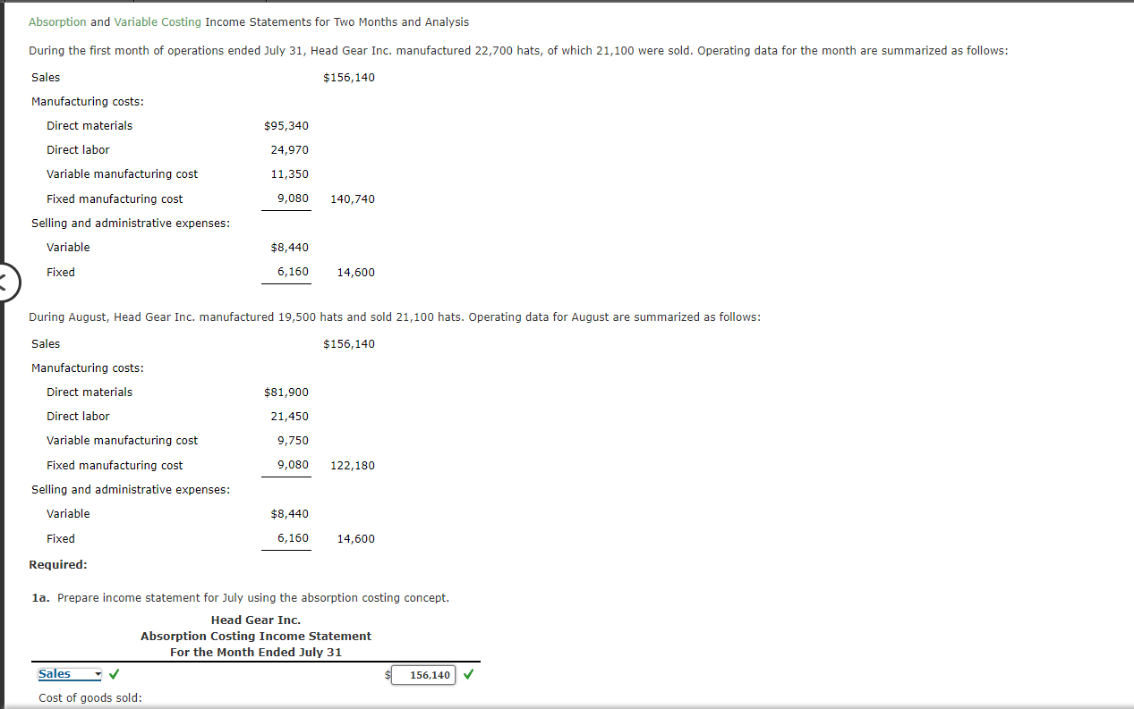 Solved Absorption And Variable Costing Income Statements For | Chegg.com