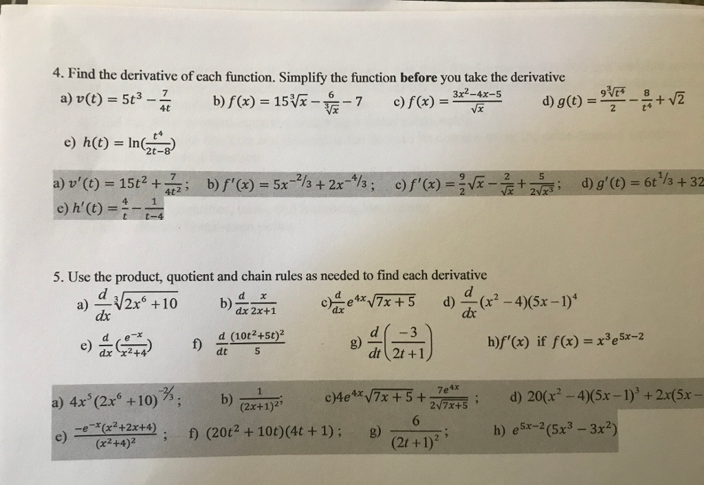 Solved 4. Find the derivative of each function. Simplify the | Chegg.com