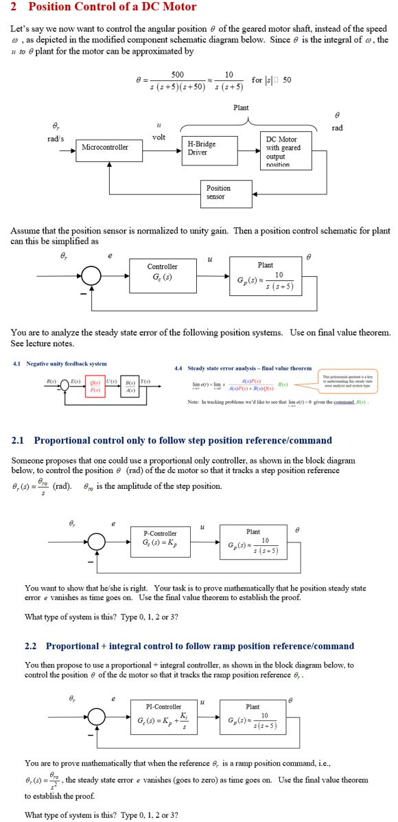Solved 2 Position Control of a DC Motor Let's say we now | Chegg.com