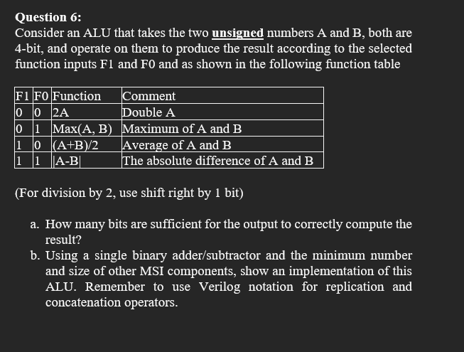 Solved Question 6: Consider an ALU that takes the two | Chegg.com