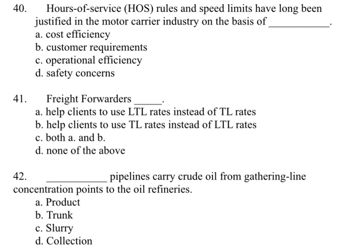 Solved 40. Hours-of-service (HOS) rules and speed limits | Chegg.com
