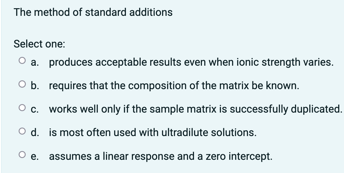 Solved The method of standard additions Select one: a. | Chegg.com