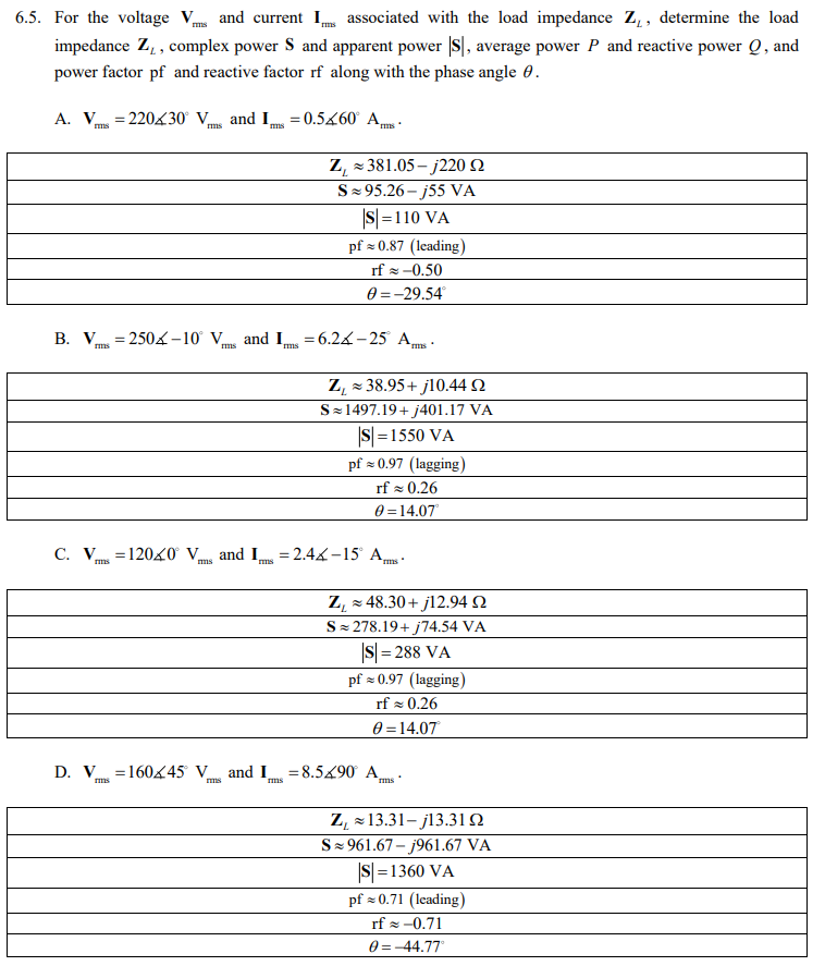 Solved 6 5 For The Voltage Vms And Current 1 Associated Chegg Com