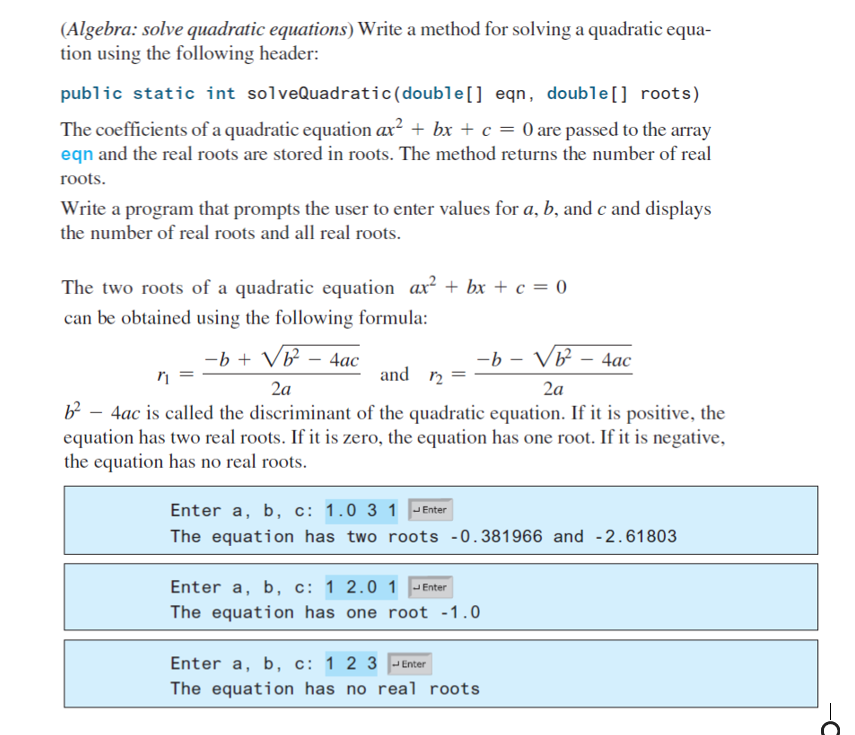 Solved (Algebra: solve quadratic equations) Write a method | Chegg.com