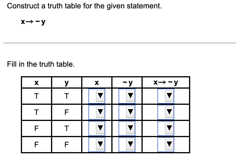 Solved Construct a truth table for the given statement. x→∼y | Chegg.com