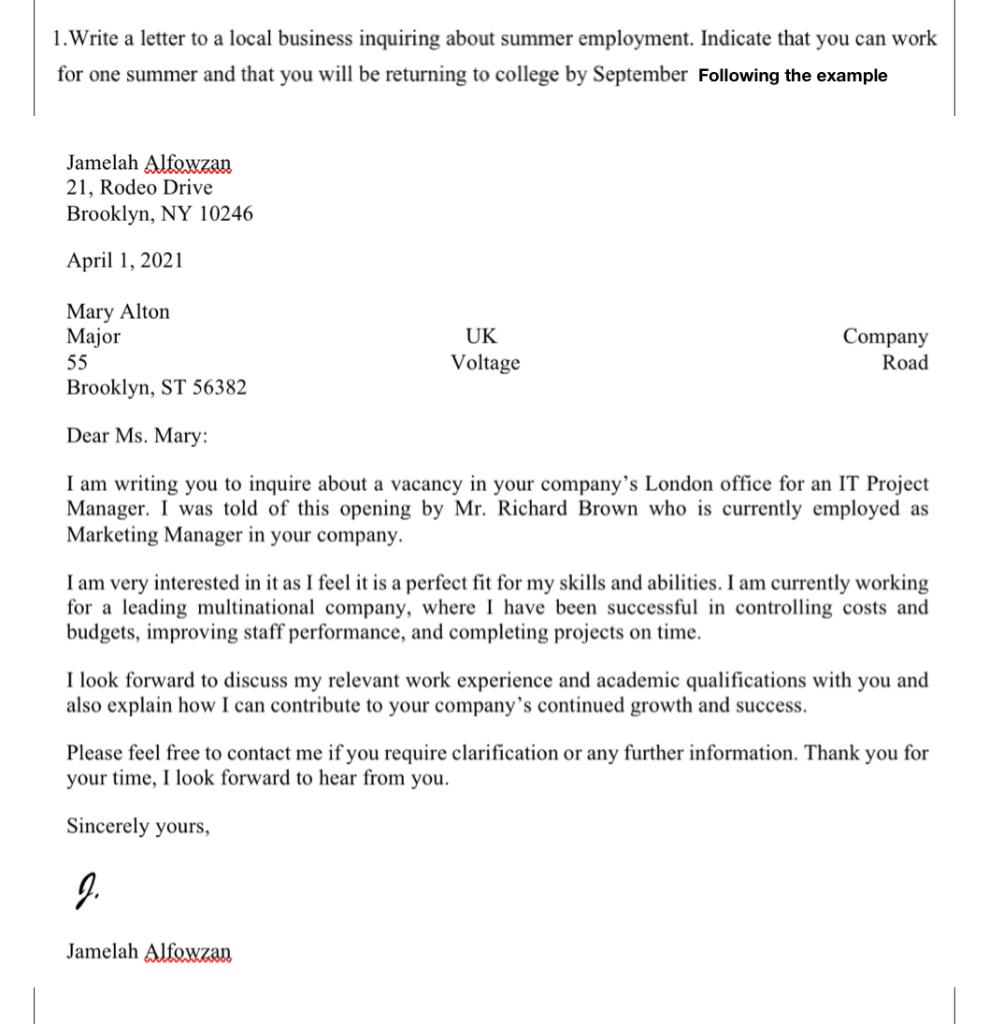 Solved 1. Write a letter to a local business inquiring about