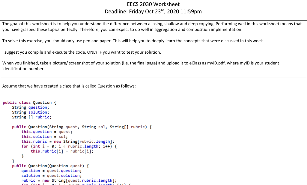 EECS 2030 Worksheet Deadline: Friday Oct 23rd, 2020 | Chegg.com