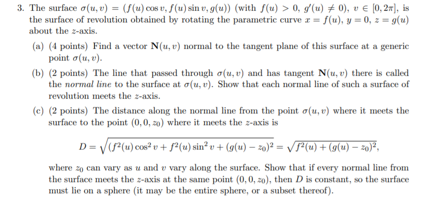 Solved 3 The Surface O U V F U Cos V F U Sin V Chegg Com