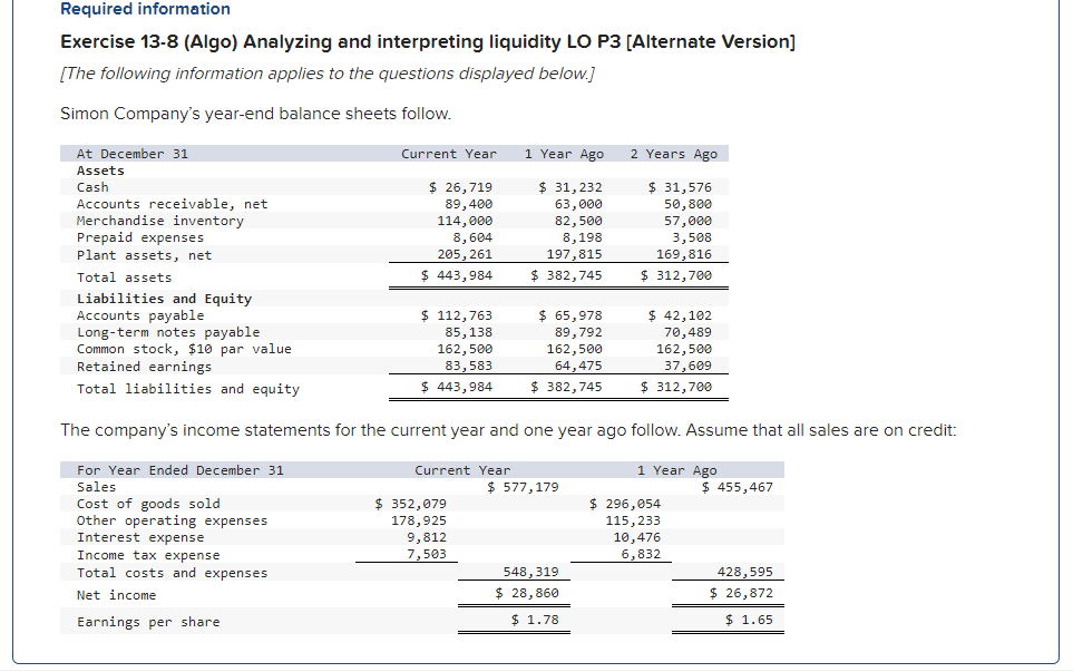 Solved Required information Exercise 13-8 (Algo) Analyzing | Chegg.com