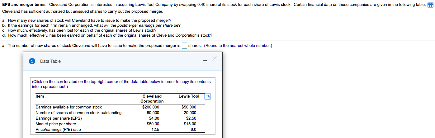 Solved EPS And Merger Terms Cleveland Corporation Is | Chegg.com