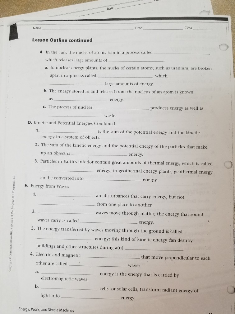 Solved Date Class Lesson Outline LESSON 1 ypes of Energy A. | Chegg.com