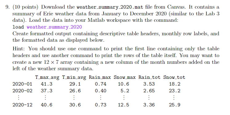 Solved 9. (10 points) Download the weather summary-2020.mat | Chegg.com