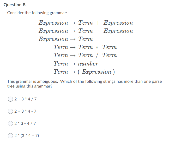 Solved Question B Consider the following grammar: Expression | Chegg.com