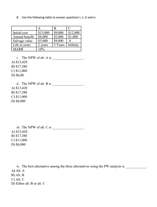 Solved i Use the following table to answer questions I, ii, | Chegg.com