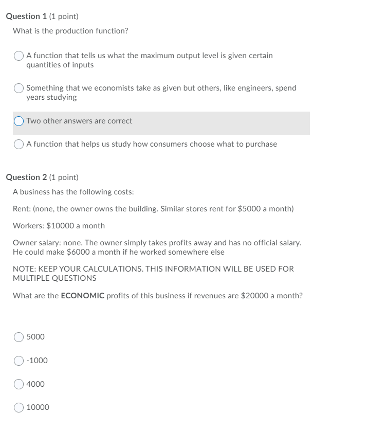 Solved Question 1 (1 point) What is the production function? | Chegg.com