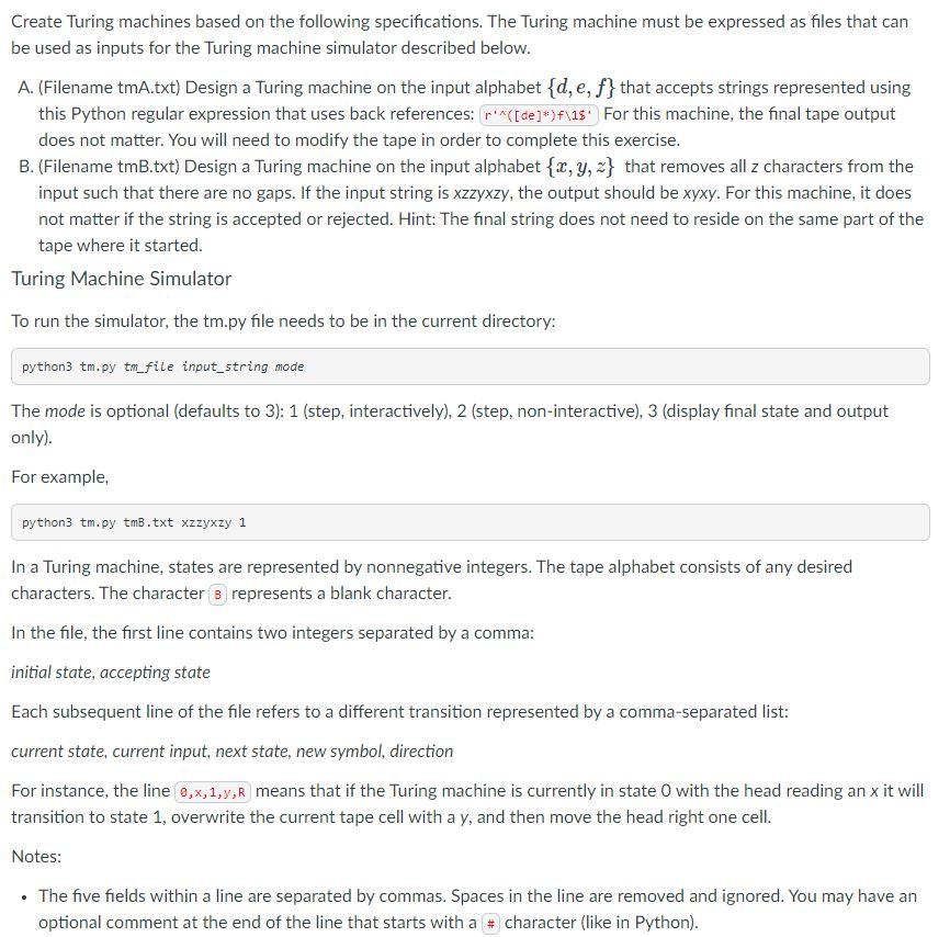 Create Turing machines based on the following | Chegg.com