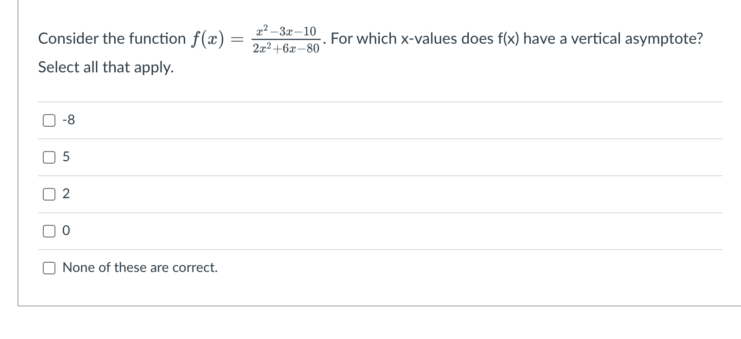 Solved Consider The Function F X 2x2 6x−80x2−3x−10 For