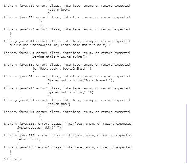 BUILD OUTPUT Library.java:5: error: 〈identifier〉 | Chegg.com