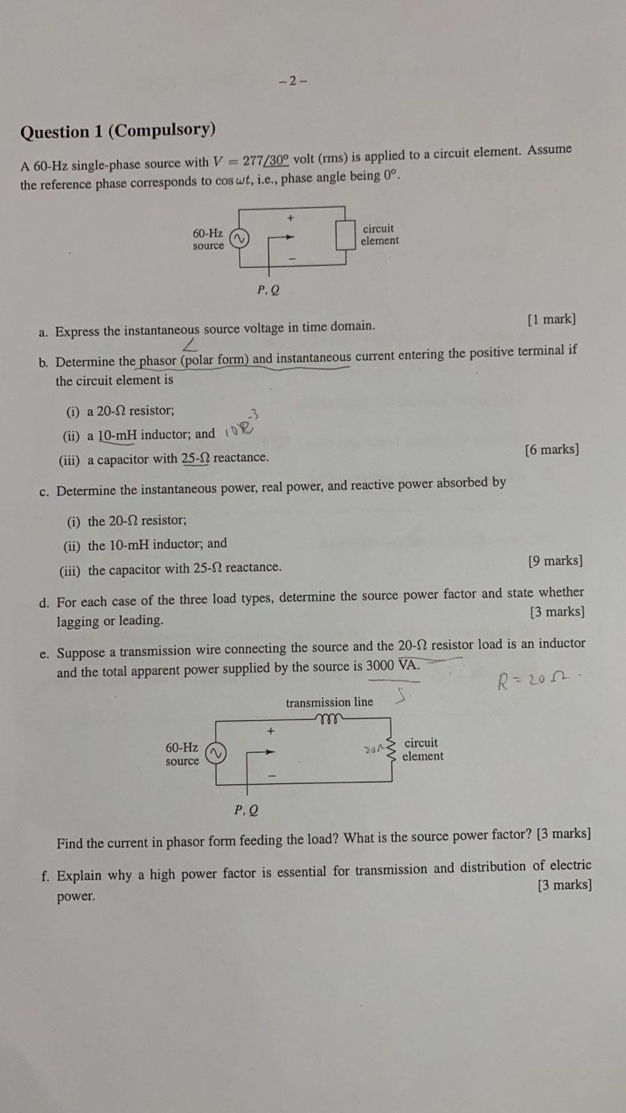 Solved A 60−Hz single-phase source with V=277∠30∘ volt (rms) | Chegg.com