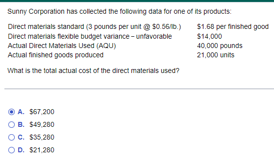 Solved Sunny Corporation has collected the following data | Chegg.com