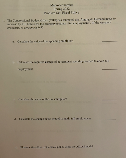 Solved Macroeconomics Spring 2022 Problem Set: Fiscal Policy | Chegg.com