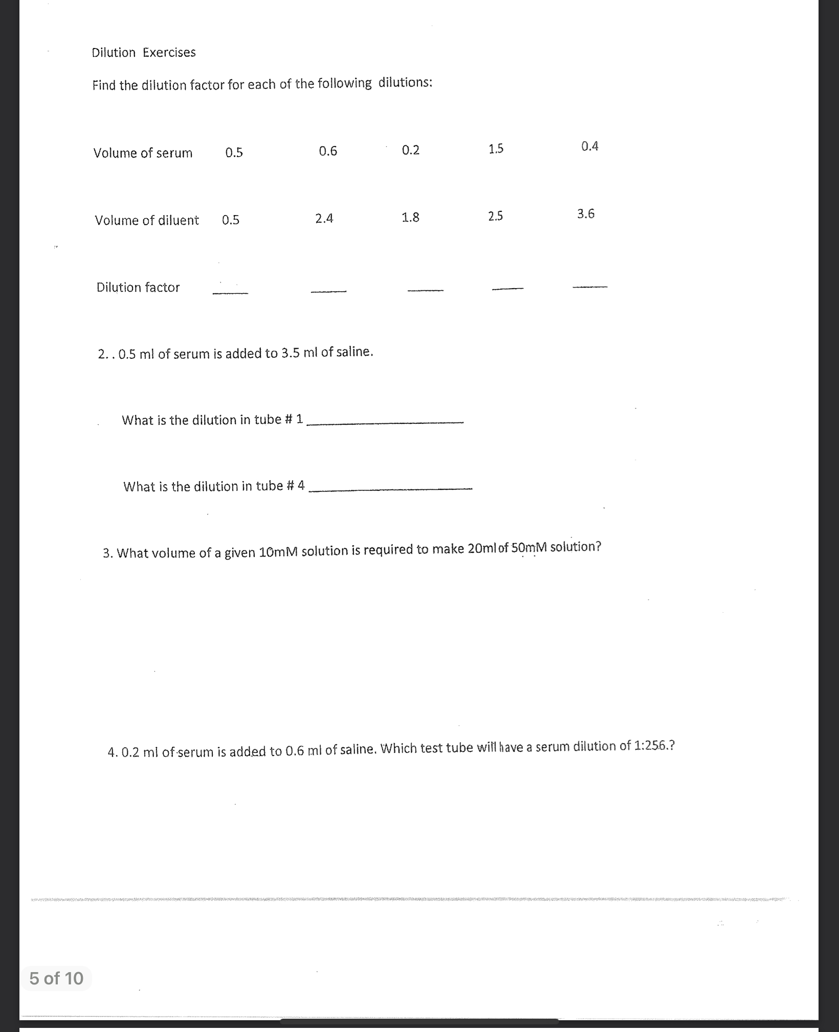 Solved Dilution Exercises Find the dilution factor for each