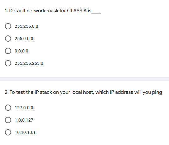 Solved 1. Default Network Mask For CLASS A Is 255.255.0.0 | Chegg.com