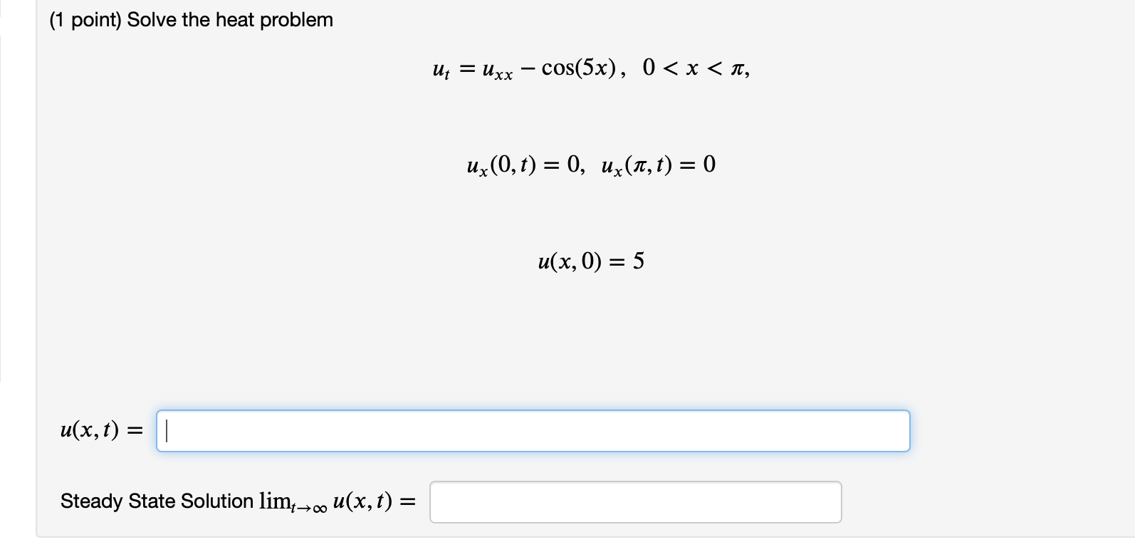 Solved (1 Point) Solve The Heat Problem U; = Uxx – Cos(5x), | Chegg.com