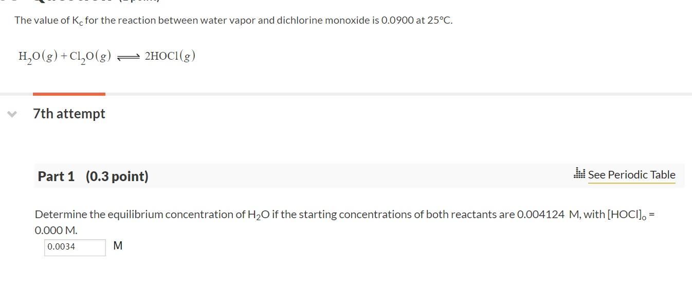 The value of \( K_{C} \) for the reaction between water vapor and dichlorine monoxide is 0.0900 at \( 25^{\circ} \mathrm{C} \