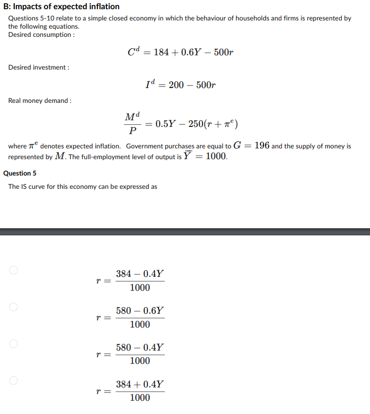 Solved B: Impacts Of Expected Inflation Questions 5-10 | Chegg.com