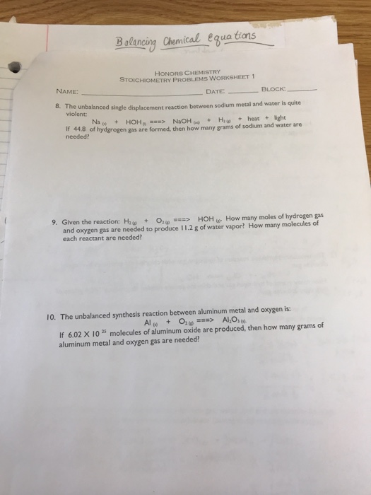 Solved HONORS CHEMISTRY STOICHIOMETRY PROBLEMS WORKSHEET 1 Chegg