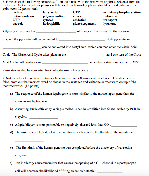 Solved For each of the following sentences, fill in the | Chegg.com