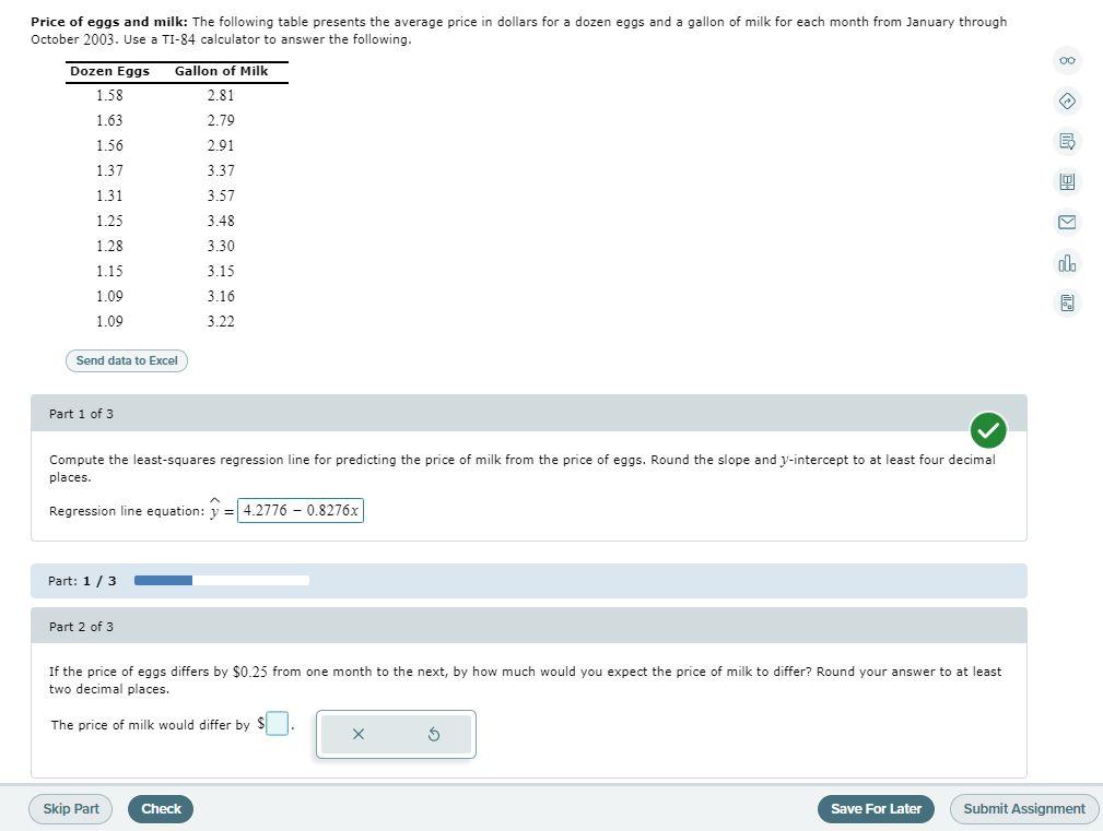 Solved Price of eggs and milk The following table presents