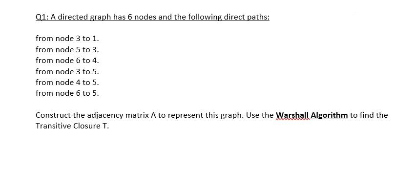 Solved Q1: A directed graph has 6 nodes and the following | Chegg.com