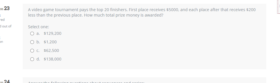 Solved A video game tournament pays the top 20 finishers. | Chegg.com