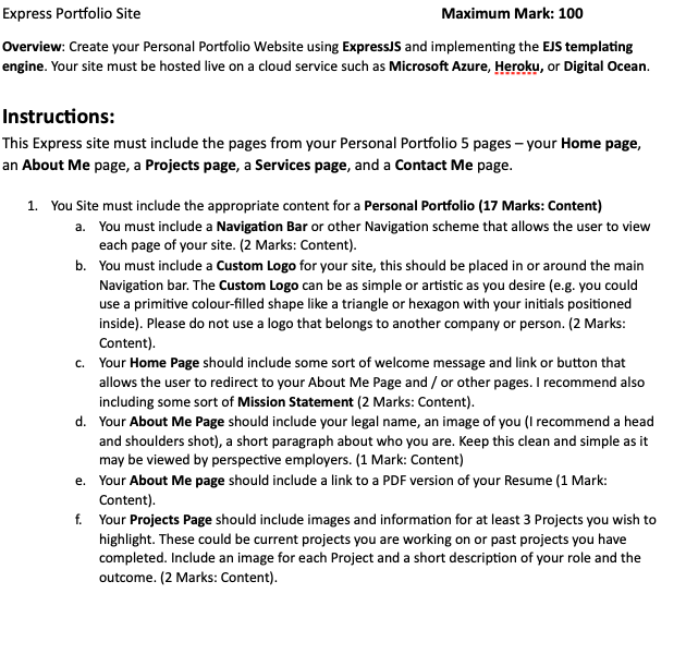 Express Portfolio Site Maximum Mark 100 Overview