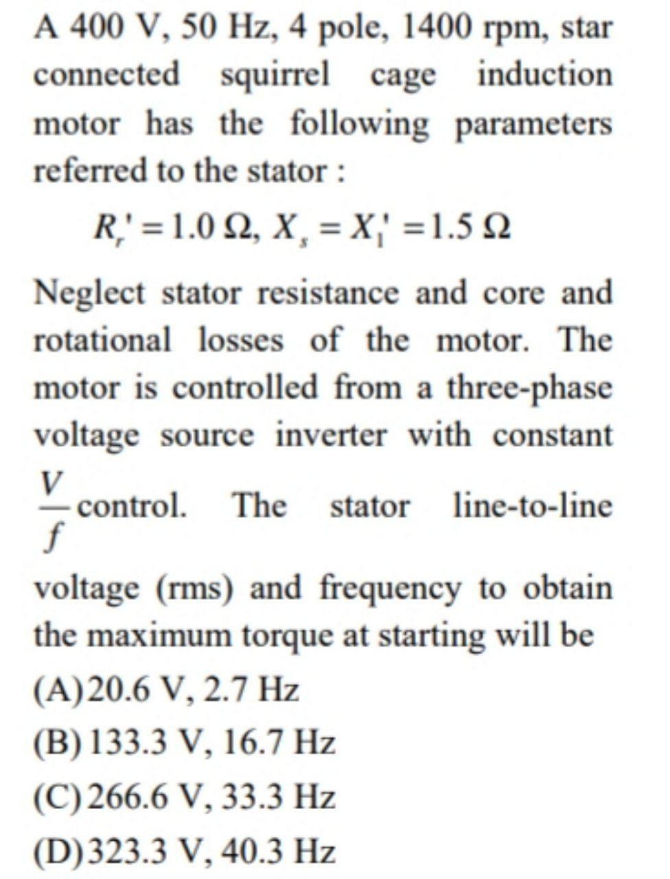 Solved A 400 V, 50 Hz, 4 pole, 1400 rpm, star connected | Chegg.com