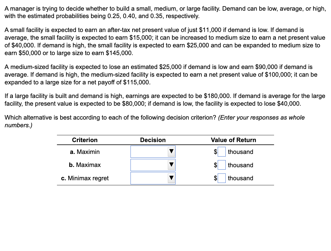 Solved A manager is trying to decide whether to build a | Chegg.com