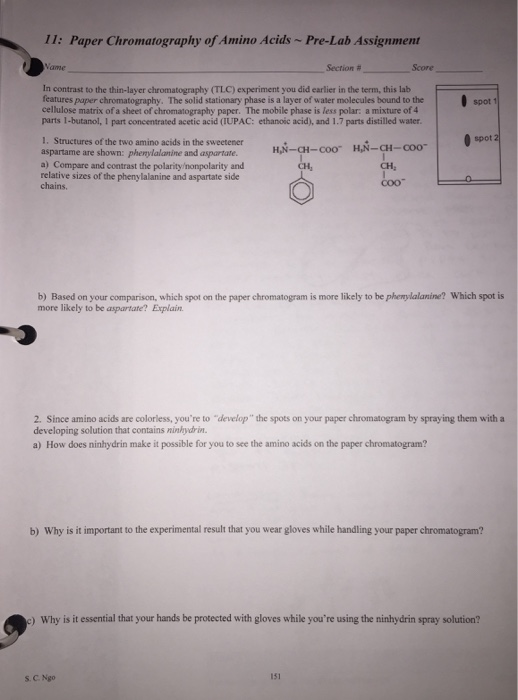 Solved 11 Paper Chromatography of Amino Acids PreLab