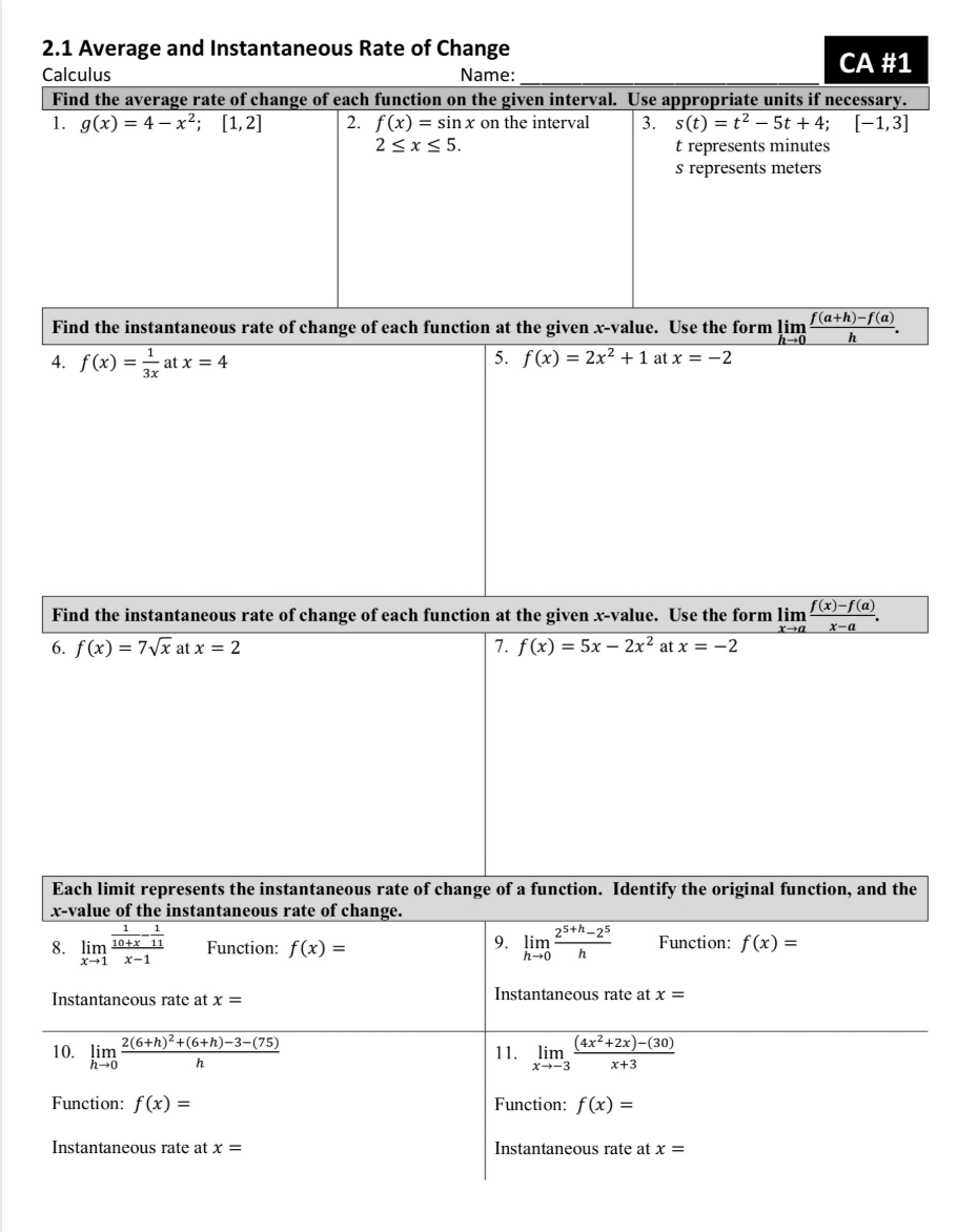 Solved 2 1 average and instantaneous rate of change calculus chegg