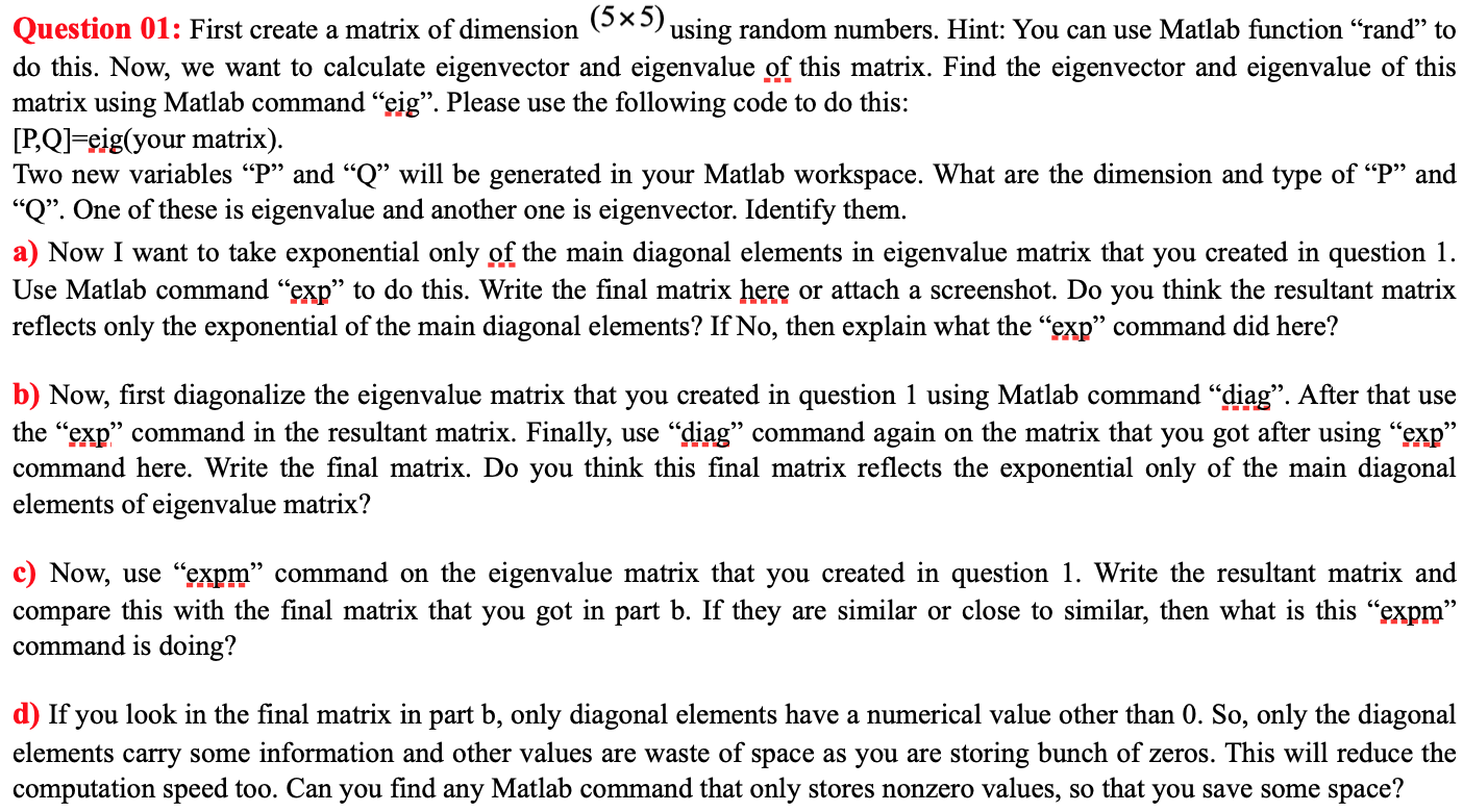 Solved Question 01: First create a matrix of dimension (5x5) | Chegg.com