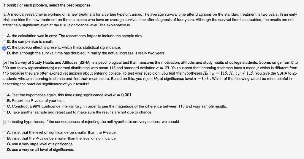 Solved (1 point) For each problem, select the best response | Chegg.com