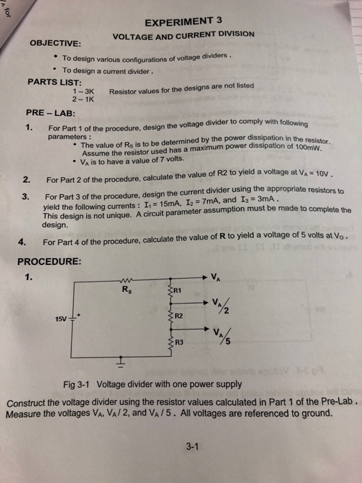 Solved EXPERIMENT3 VOLTAGE AND CURRENT DIVISION OBJECTIVE To | Chegg.com