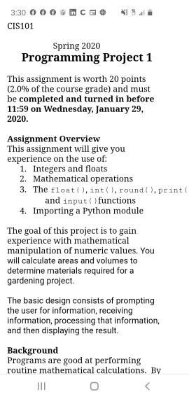 .. 3:30 09 in CO CIS101 Spring 2020 Programming Project 1 This assignment is worth 20 points (2.0% of the course grade) and m